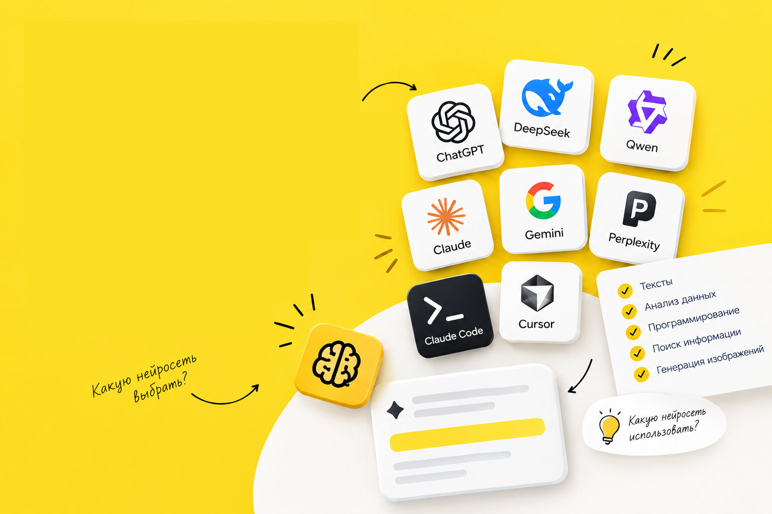 Иконки нейросетей ChatGPT, DeepSeek, Qwen, Claude, Gemini, Perplexity, Claude Code и Cursor на жёлтом фоне, рядом список задач: тексты, анализ данных, программирование, поиск информации, генерация изображений